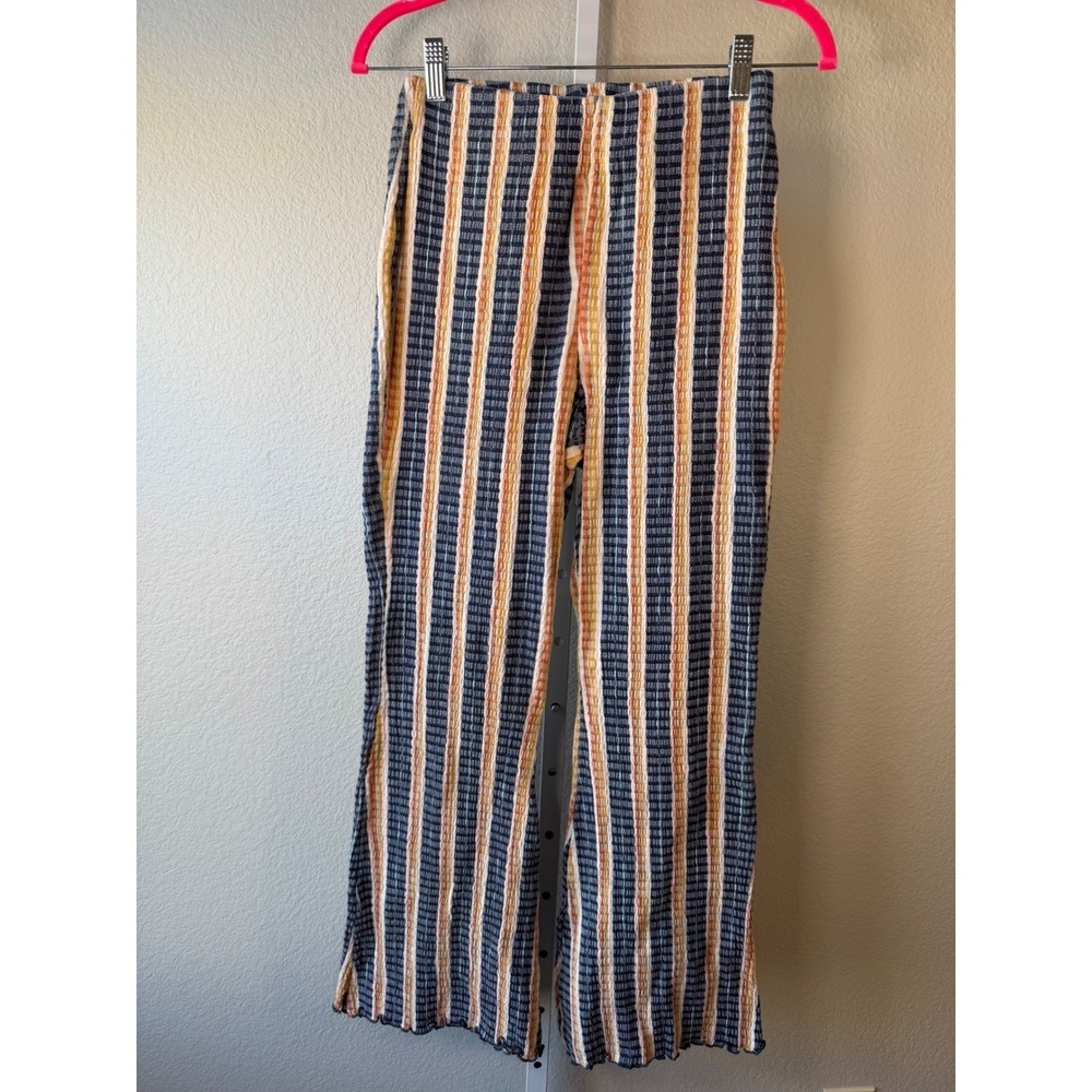 Free People XS Striped Flare Pants Blue Orange Textured High Waist Boho Retro - Picture 2 of 10